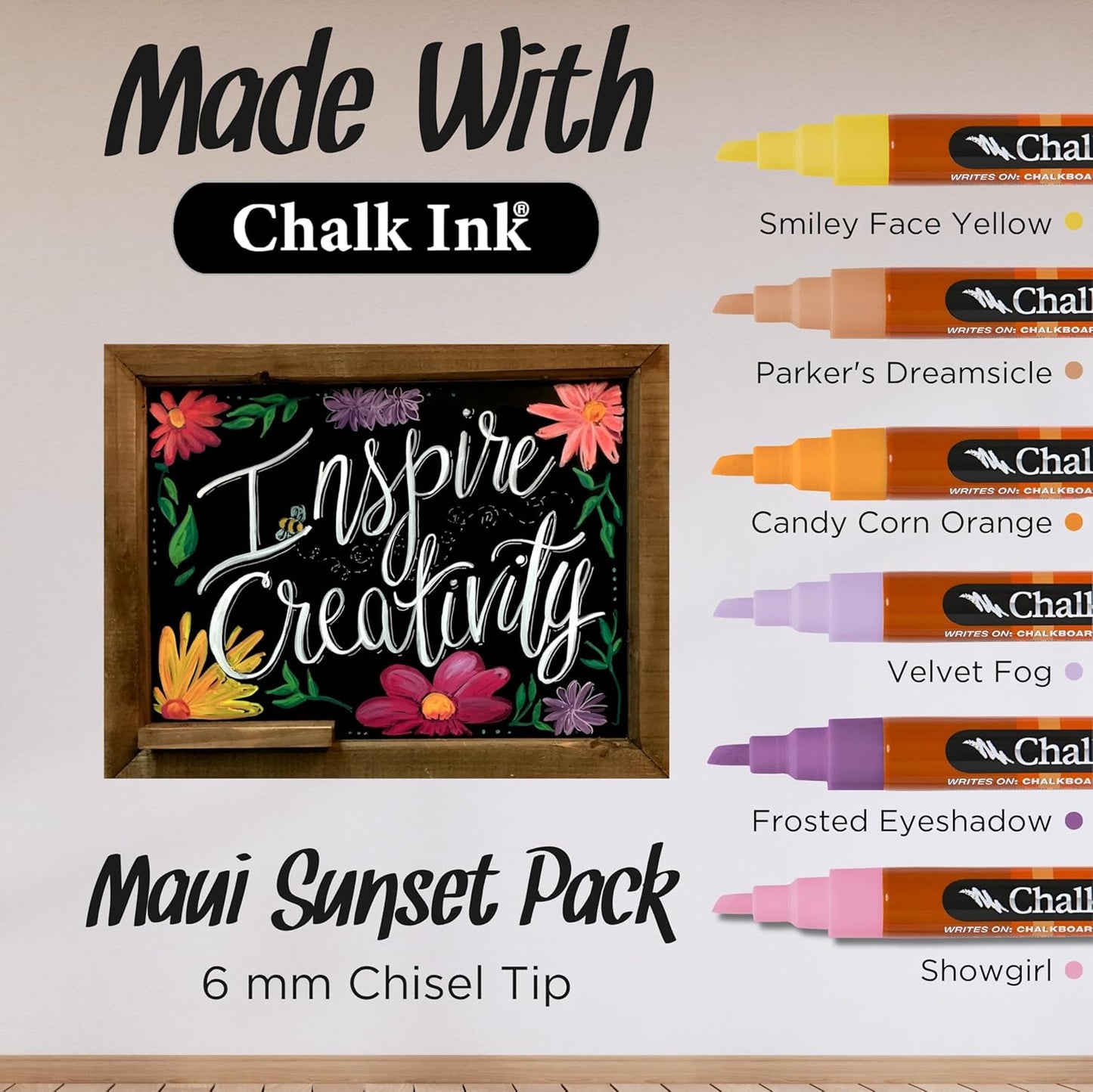 Chalk Ink Chisel Tip Wet Wipe Chalk Markers (Maui Sunset, 6mm, 6 Pack)