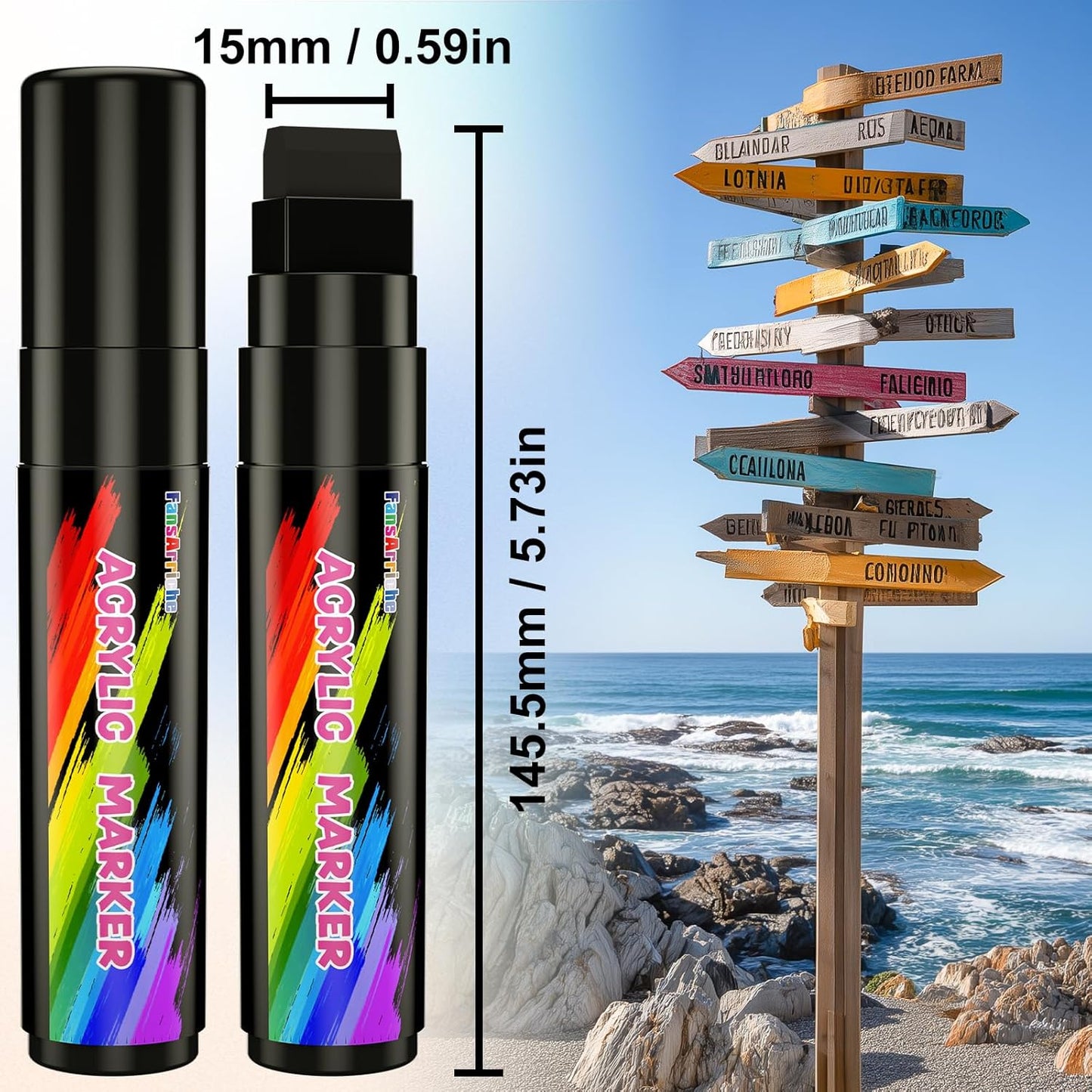 FansArriche Acrylic Paint Markers, 15mm Jumbo Felt Tip, 3 Black Waterproof and Permanent Paint Pens for Tagging, Signs, Calligraphy, and Outdoor Paintings
