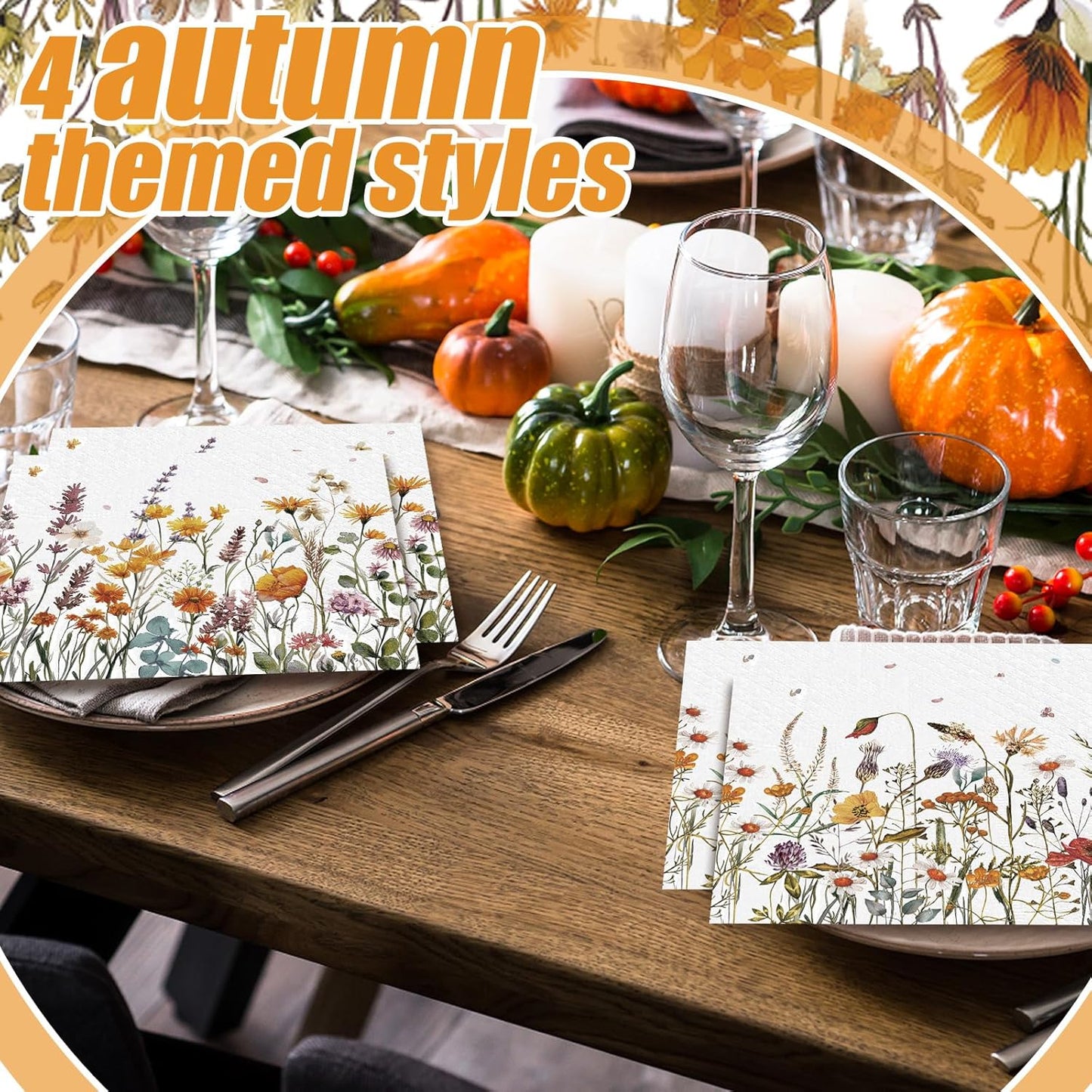 Fulmoon 200 Pieces Fall Floral Cocktail Napkins Disposable Autumn Flower Decoupage Paper Napkins Wildflower Beverage Towel for Thanksgiving Day Fall Party Favor Supplies