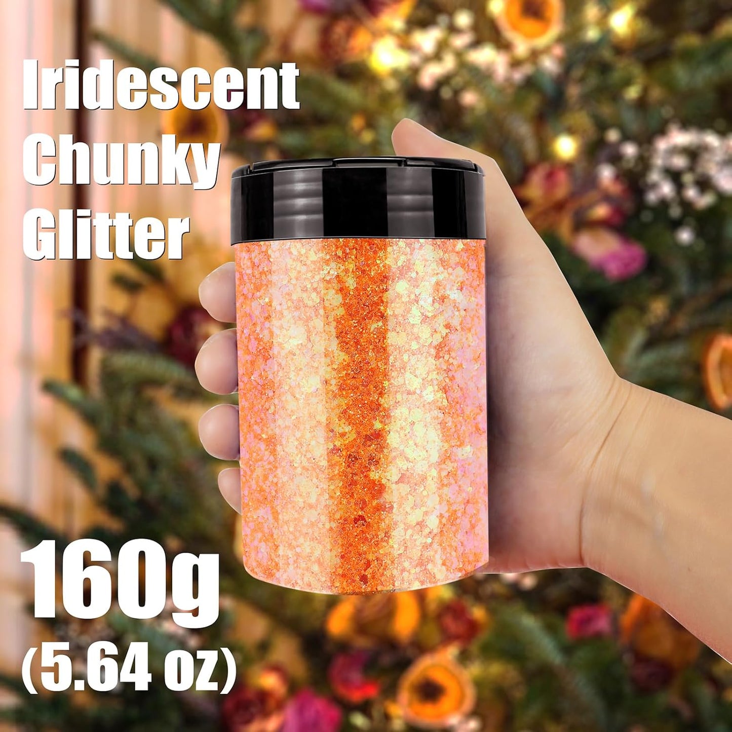 Iridescent Chunky Glitter 5.64oz/160g, Ultra Fine Glitter Powder Mixed Chunky PET Flakes Sequins for Resin Epoxy Craft Arts, Tumbler, Cosmetic Glitter for Body Nail Hair Eye Party Festival (Orange)