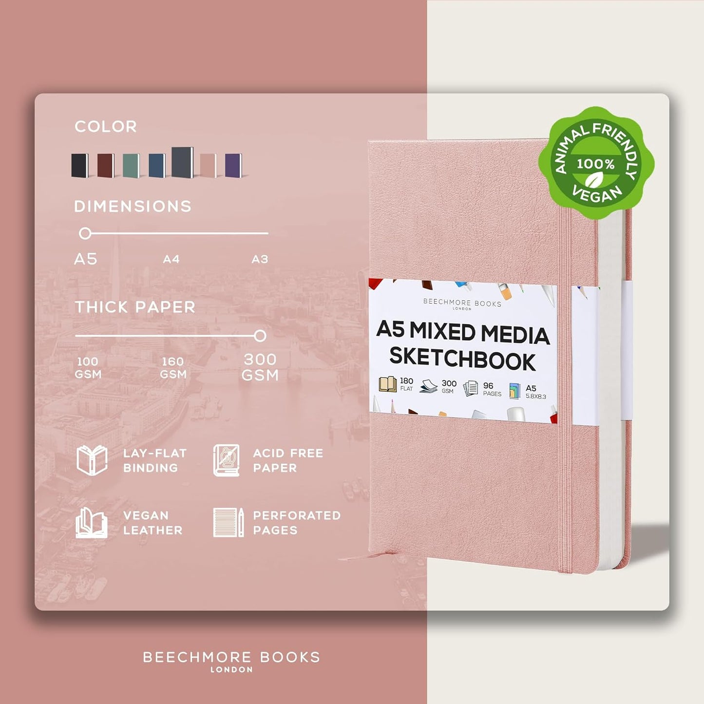 Beechmore Books A5 Sketch Book – 5.8"x8.3" Premium Vegan Leather Hardcover Sketchbook, 96 Thick 300gsm Perforated Ivory Pages, Ideal for Sketching, Watercolor & Mixed Media, Includes Back Pocket