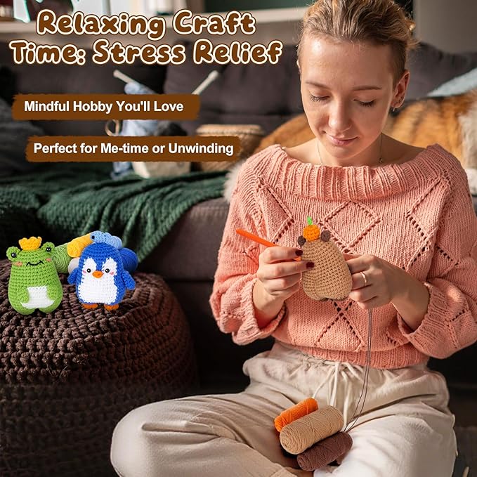 Fortuning's JDS Crochet Kit for Beginners, Crochet Animal Kit Includes Penguin, Capybara & Frog, Complete Starter Kit for Adult and Kids, DIY Craft Crochet Kits, Easy Knitting Kit Christmas Gifts