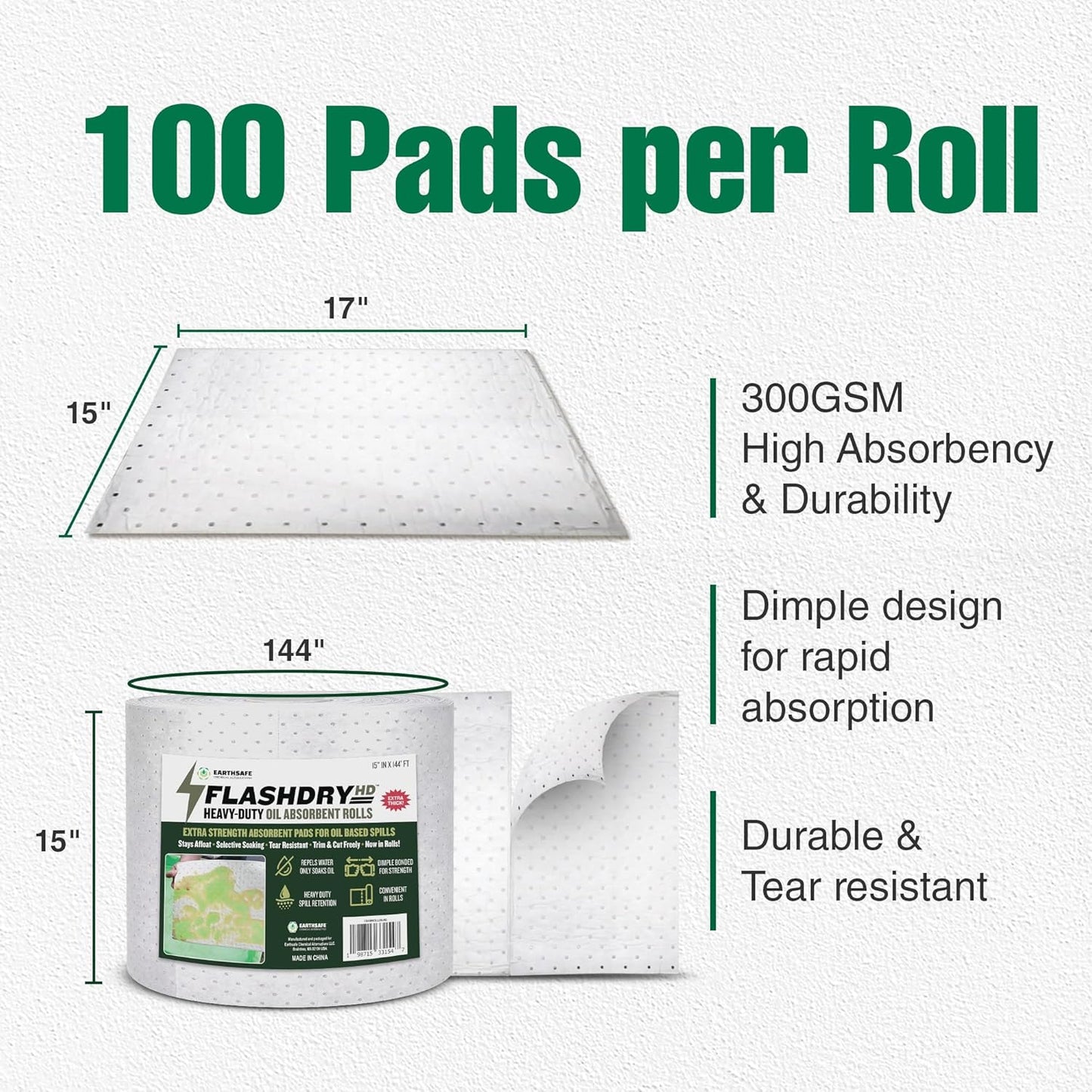 FLASHDRY Heavy Duty Oil Absorbent Roll - 300GSM/4mm (15" x 144 ft) - Oil-Only Spill Pads for Garage, Marine, Automotive & Industrial Use - Fast Absorbing, Unsinkable Oil Spill Pads, Cut to Size