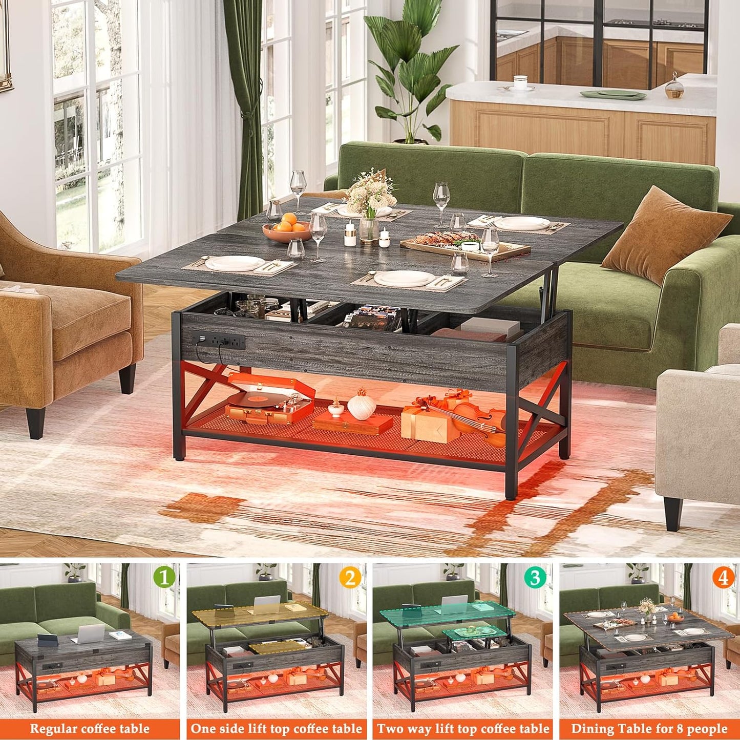 Aheaplus Coffee Table Lift Top Multi-Function Coffee Table Converts to Dining Table, with LED Light and Power Outlet, Center Table with Shelves for Living Room Reception Home Office, Black Oak