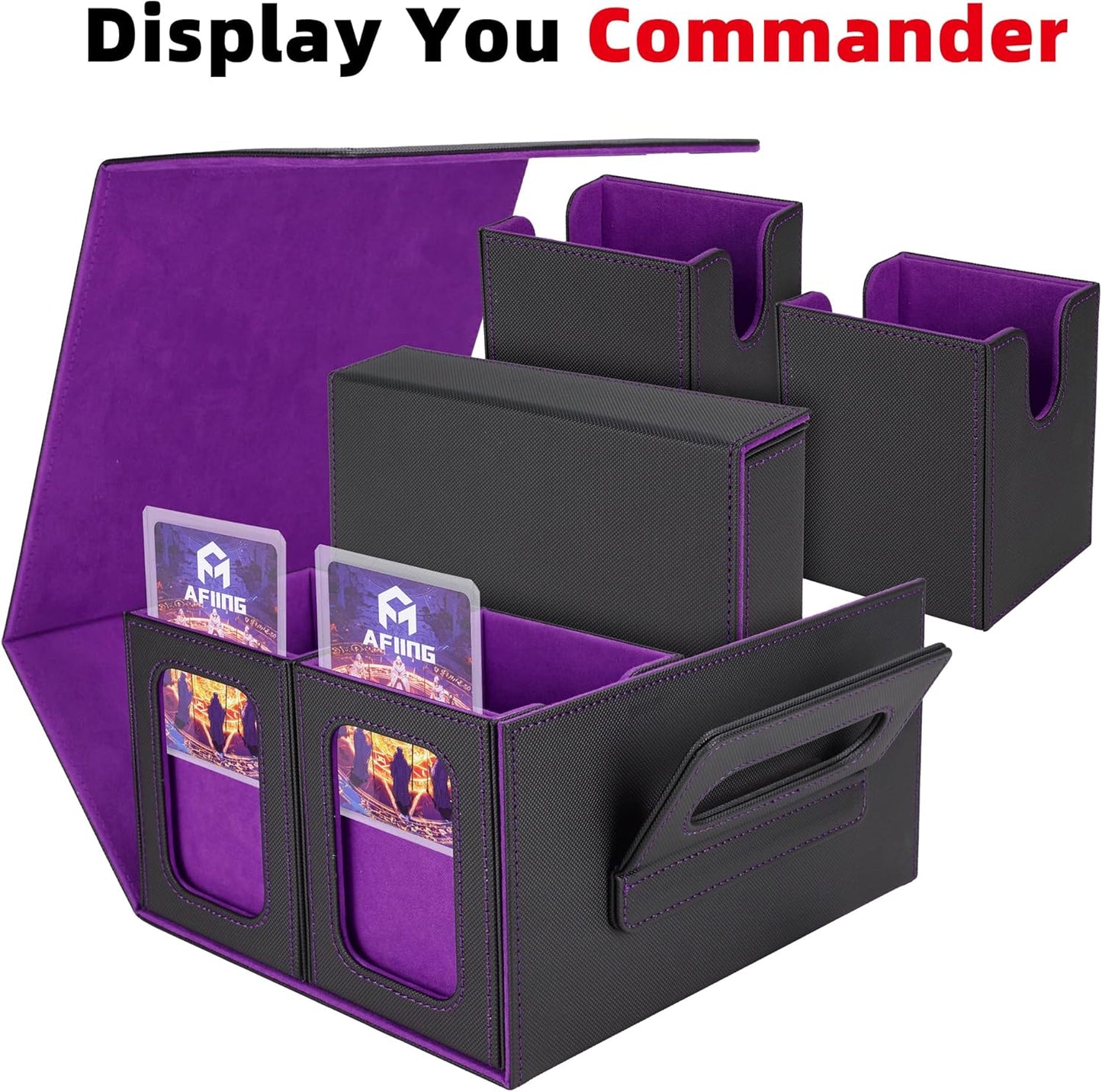 AFIING Commander Deck Box for MTG/EDH, Fits 400+ Double-Sleeved Cards, with Display Window, 4 Removable Deck Cases, Dividers, Dice Tray & Handle, Card Holders for TCG (Black Purple)