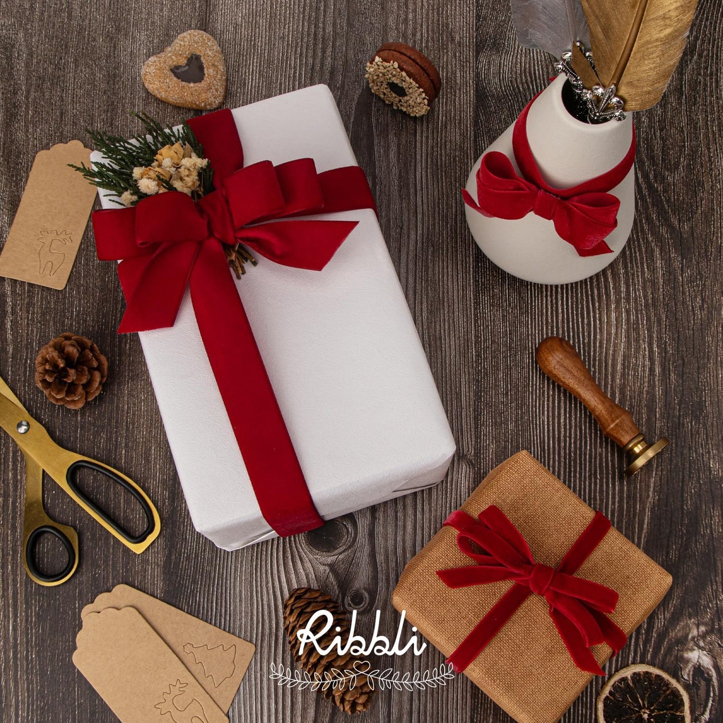 Ribbli Polyester Dark Red Velvet Ribbon,3/8 Inches Continuous10-Yard Spool,Christmas Ribbon for Gift Wrapping,Floral Bouquets, Home Decor