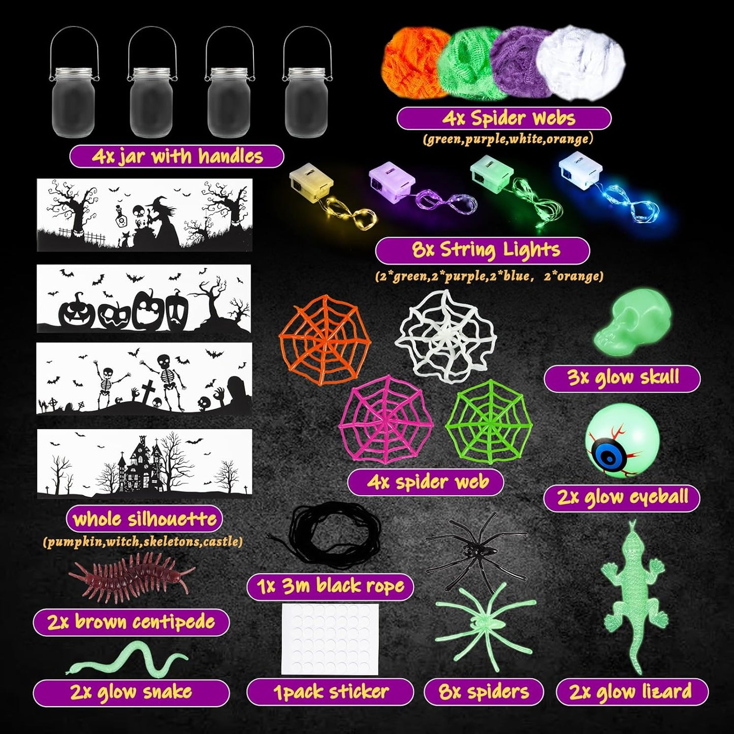 Halloween Craft Kit for Kids, 4 pcs Glass Mason Jar with Accessories for DIY Lantern Jar, Halloween Art & Craft Party Supplies for Classroom,Art and Craft Party Supplies for Kids