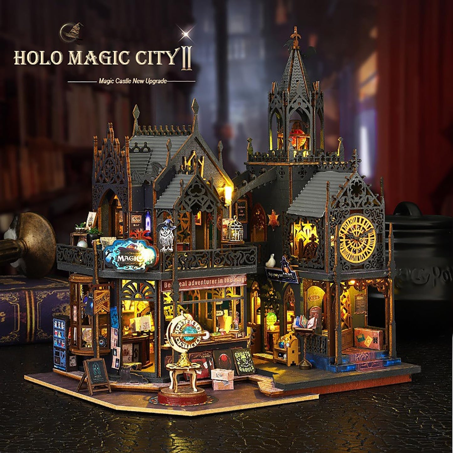 DIY Book Nook Kit - DIY Miniature Dolls House Kit with Furniture and LED Light, 3D Puzzle Wooden Art Bookends, Model Kits for Adults to Build (Holo Demon City)