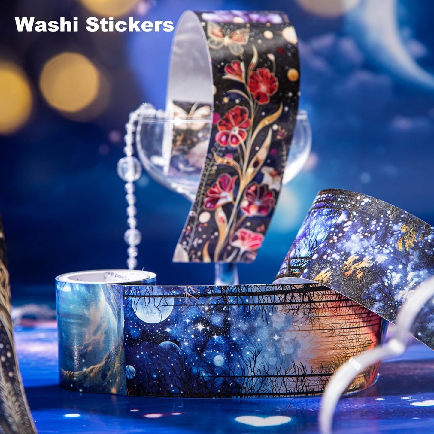 6 Rolls Fantasy Washi Tape Set – Non-Repeat Magical Forest and Galaxy Designs for Scrapbooking, Journaling, Planner, DIY Crafts with Storage Clip