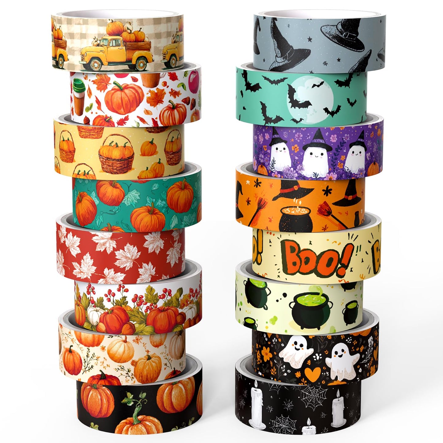 Halloween Washi Tape Set 16 Rolls, Fall & Spooky Decorative Tape, Autumn Washi Tape for Journaling, Crafts, Pumpkin Decor (0.6" x10 ft) - Autumn Leaves, Bats, Pumpkins, Vintage Horror