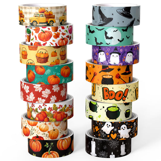 Halloween Washi Tape Set 16 Rolls, Fall & Spooky Decorative Tape, Autumn Washi Tape for Journaling, Crafts, Pumpkin Decor (0.6" x10 ft) - Autumn Leaves, Bats, Pumpkins, Vintage Horror