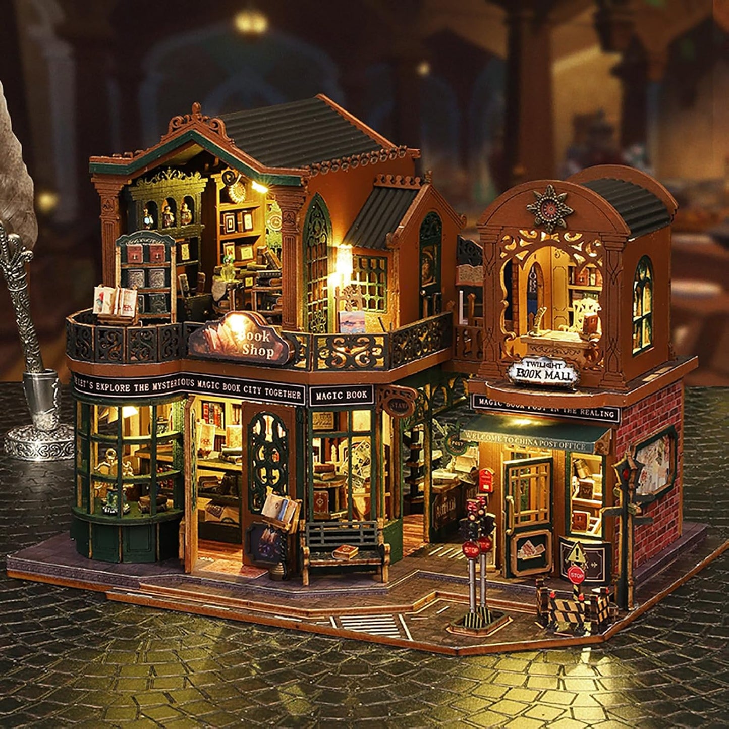 DIY Book Nook Kit - DIY Miniature Dolls House Kit with Furniture and LED Light, 3D Puzzle Wooden Art Bookends, Model Kits for Adults to Build (Twilight Bookstore)