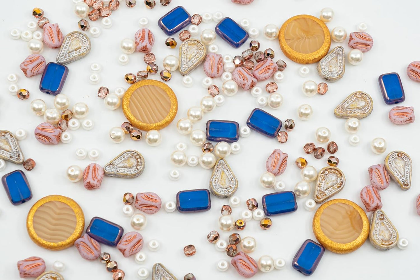 2.1oz (60g) of Glass Bead Mix with Pearls, Filigree Teardrops and Fresca Czech Beads, Beige Star Light