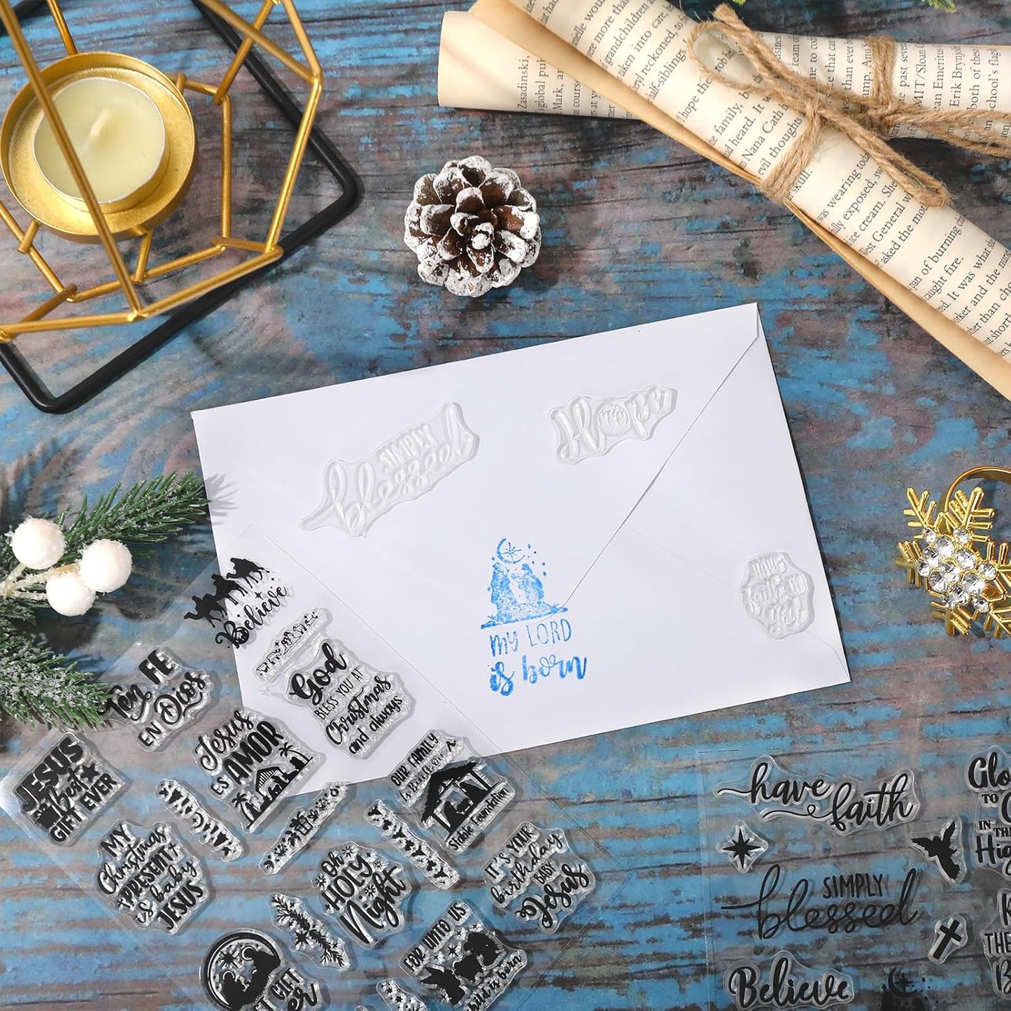 Whaline 4 Sheets Christmas Clear Stamps Greeting Words Nativity Scene Silicone Transparent Stamps Holy Night Stamp for Xmas DIY Craft Card Making Scrapbooking Embossing Album Decor