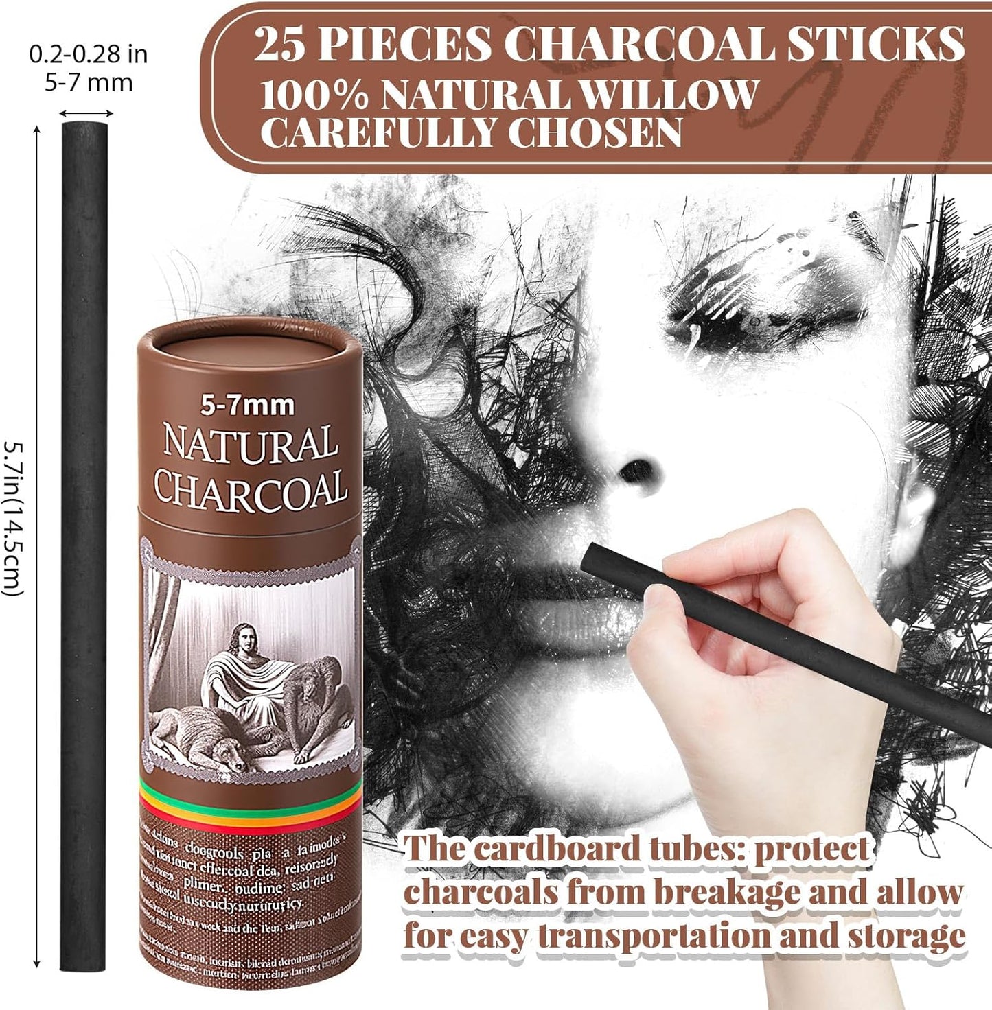 Gueevin 25 Pcs Willow Charcoal Sticks, Willow Charcoal, Artists, Beginners, Students, Perfect for Sketching, Drawing, Shading, and Fine Art Christmas Gifts for Art (5-7mm)