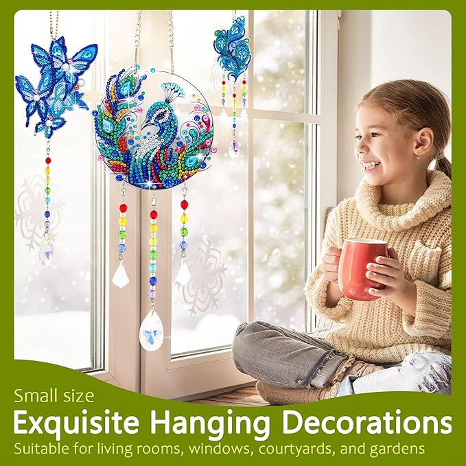 Diamond Art Kits for Teens/Adults/Beginners | DIY Arts & Crafts Birthday Gifts, 3 PCS Diamond Art Suncatcher Craft Kit Crystal Window Garden Decor Set (Peafowl Butterfly)