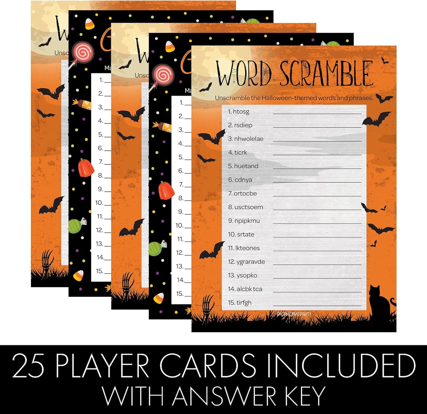 DISTINCTIVS Halloween Party Games – Word Scramble and Candy Match 2 Game Bundle, 25 Dual-Sided Cards for Kids, Adults, Classrooms, and Fall Events