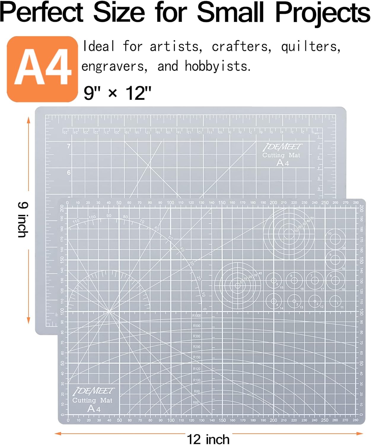 Density-upgraded 9"x12" Self Healing Cutting Mat, Idemeet Rotary Sewing Mat for Crafts, 5-Ply Blade Table Protector Cut Board for Fabric Leather Cutting Quilting Modeling Hobby Project, A4, Gray