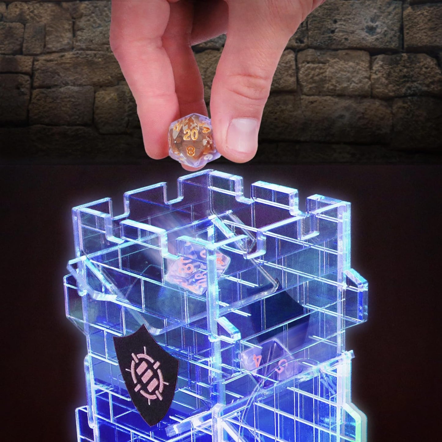 ENHANCE Tabletop LED Dice Tower with 7pc Dice Set for RPG Games - Clear Gaming Set, LED Lit Rolling Tray with Bamboo Base and Castle Tower Design, Roll Up to 14 at Once - Great for Game Night