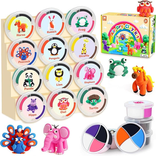 Air Dry Clay Kit for Kids, 12 Animals Modeling Clay with Tutorial Cards & Video, 8 Sculpting Tools, Ultra Light, Safe & Non-Toxic, Arts and Crafts Toys Christmas Gifts for Boys Girls
