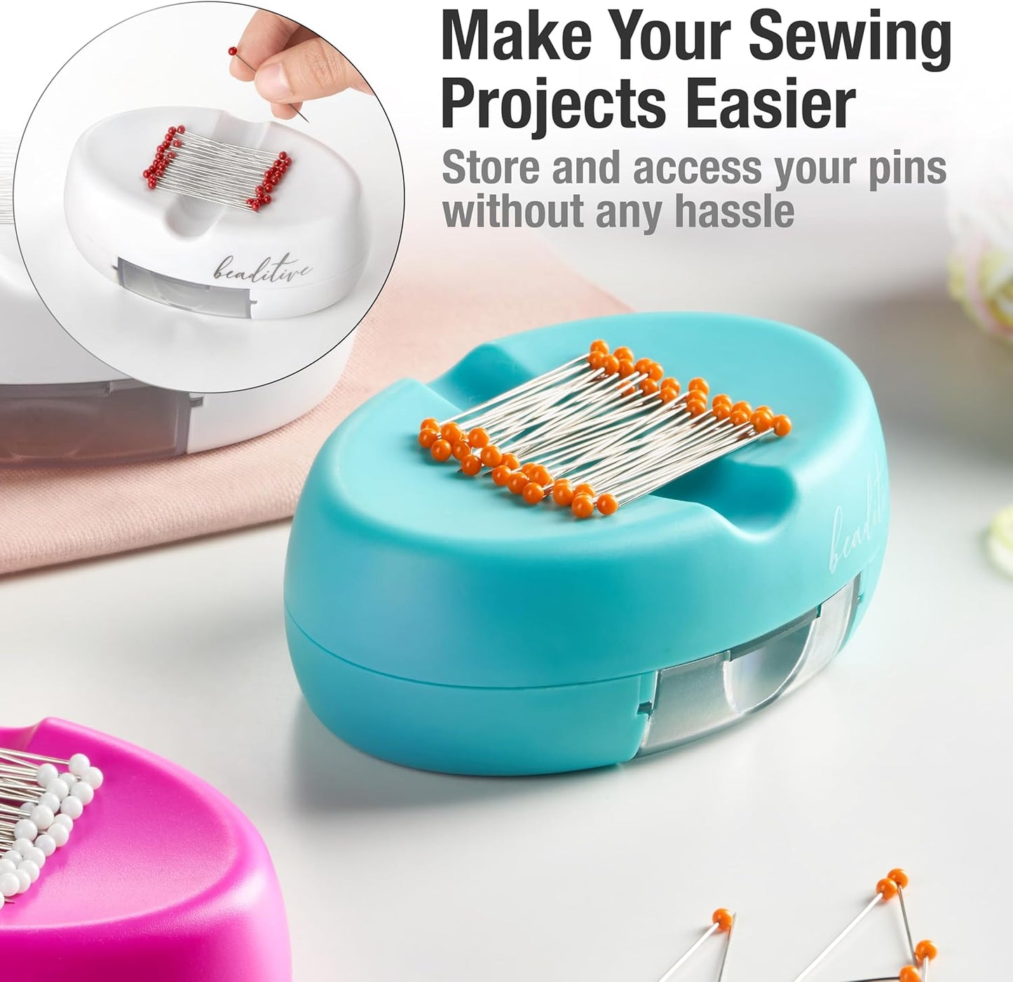Beaditive Magnetic Pin Cushion with Drawer - Strong Magnet Pin Holder Cushion for Sewing - 50 Glass Head Quilting Pins Included - Chic Pincushion Caddy for Sewing Pins, Paper Clips, Screws – Turquoise