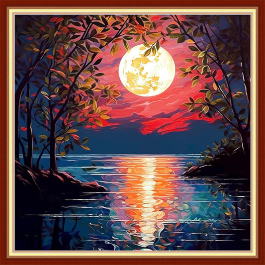 Foxdiviy Stamped Cross Stitch Kits Full Range of Embroidery Needlework Starter Kits for Beginners Adults 11CT Embroidery Patterns Art Crafts DIY Needlepoint Kits-Moonlight Scenery 18x18 inch