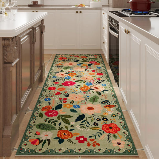 Rugcomf Runner Rug for Hallways Kitchen Rug Non Slip 2'6''x8' Washable Runner Rugs with Rubber Backing Soft Floral Carpet Runner for Hallways, Kitchen, Laundry, Bedroom, Bathroom(Green)