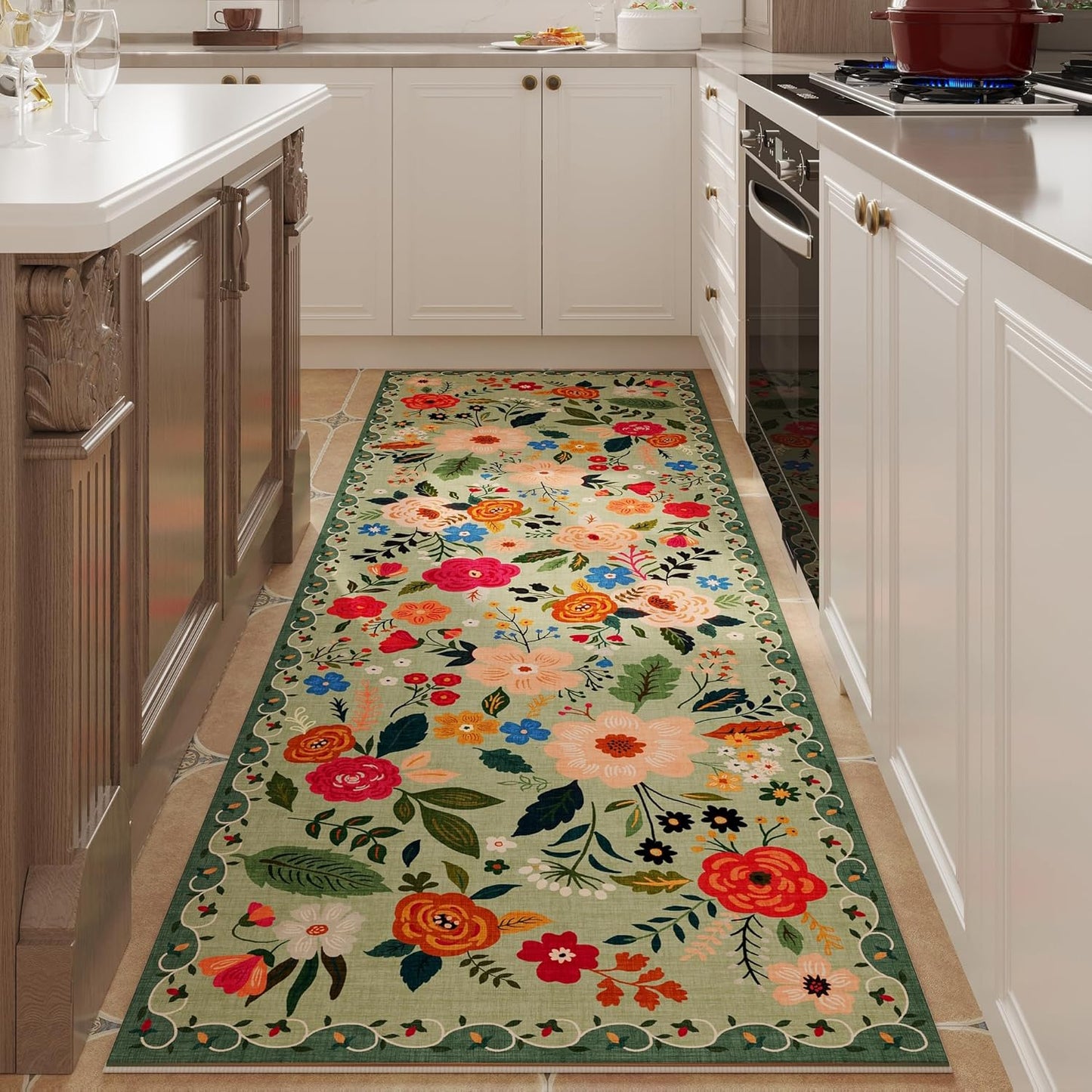Rugcomf Runner Rug for Hallways Kitchen Rug Non Slip 2'x 6' Washable Rugs with Rubber Backing Soft Floral Carpet Runner for Hallways, Kitchen, Laundry, Bedroom, Bathroom(Green)