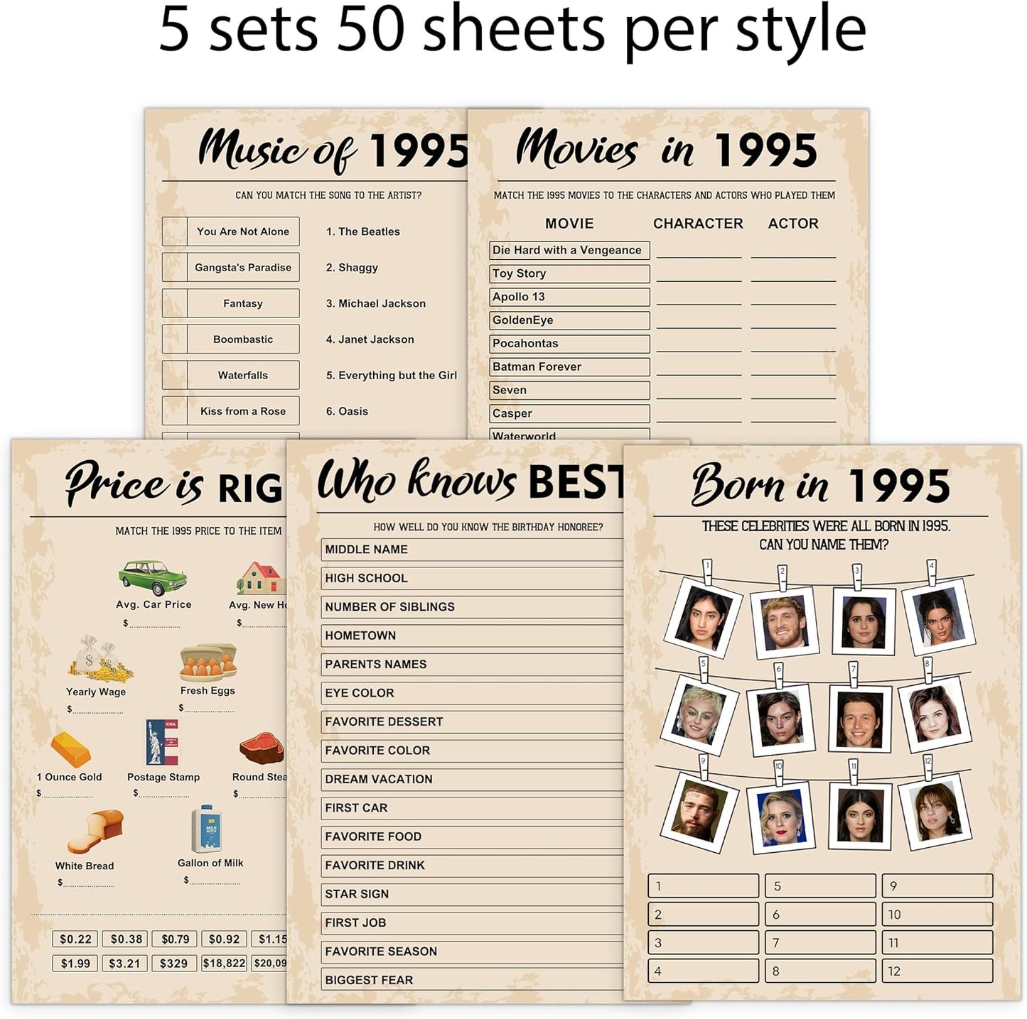 QUPT 30th Birthday Party Games, Set of 5 Activities for 10 Guests, Born in 1995 Games Bundle, Birthday Party Supplies for Adults, Pack of 50 Cards