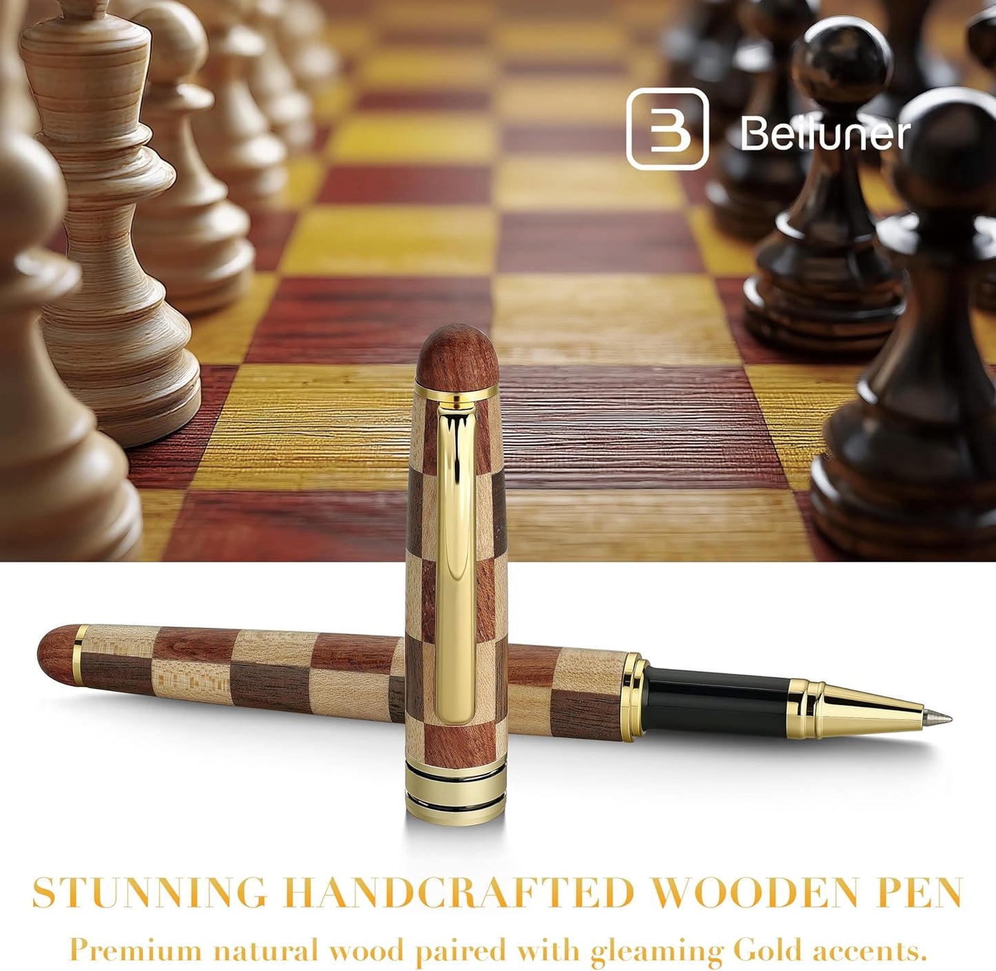 BEILUNER Luxury Wood Ballpoint Pen Writing Set, Chess Style - Elegant Fancy Nice Gift Pen Set for Signature Executive Business Office Supplies - Gift Boxed with Extra Refills (Black)