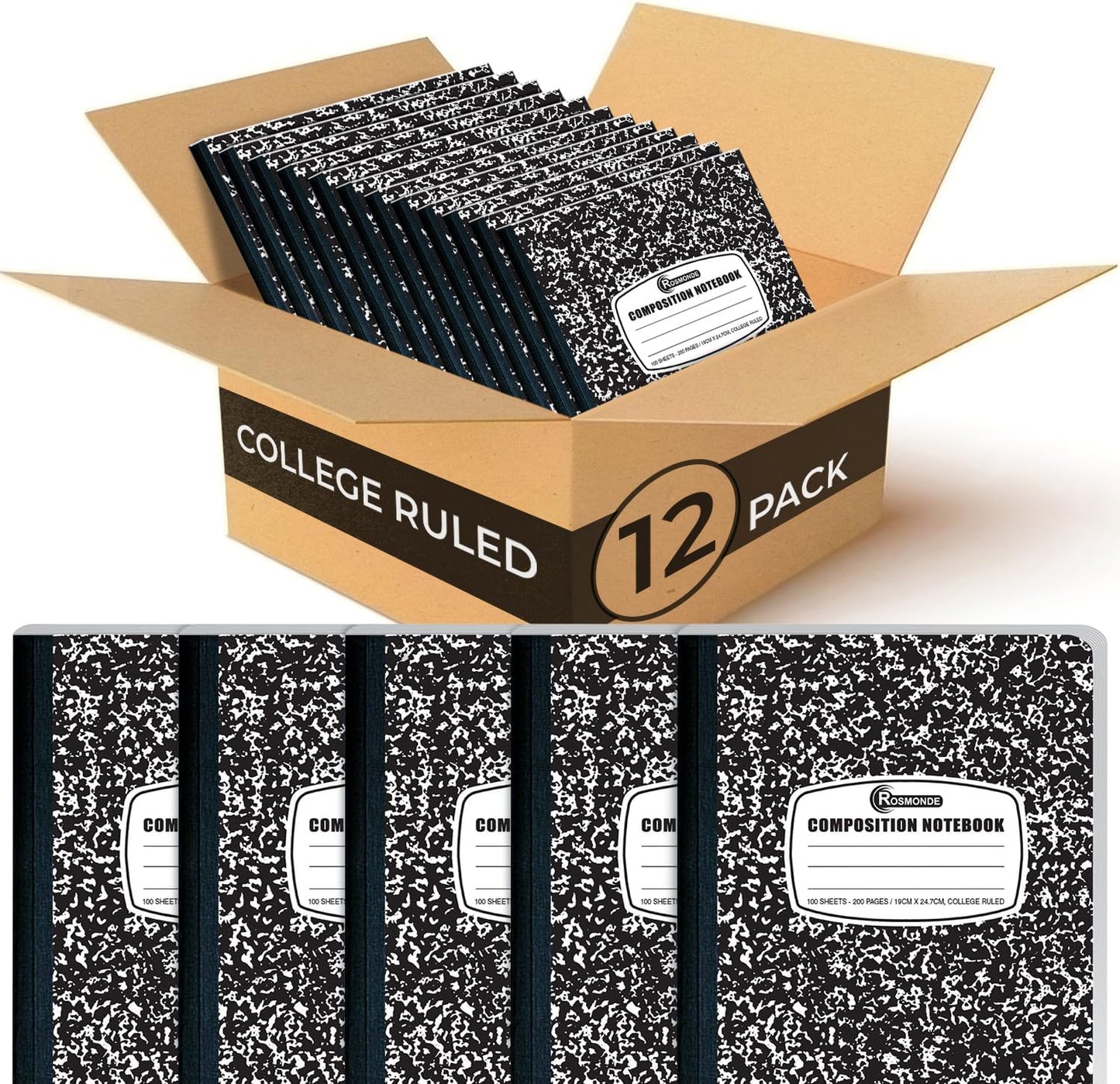 Rosmonde 12 Pack Composition Notebook College Ruled Bulk, 200 Pages (100 Sheets), 9-3/4 x 7-1/2, Hard Cover College Ruled Notebook Bulk, Black Marble Composition Notebook College Ruled, Bulk Notebooks