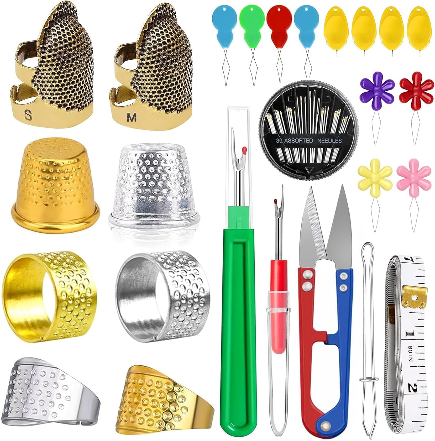CousDUoBe Sewing Thimble Kit,thimbles for Hand Sewing，Needle threaders，Seam Rippers for Sewing，Measuring Tape and Thread Snips, Hand Embroidery Craft（Complete Sewing Kit）