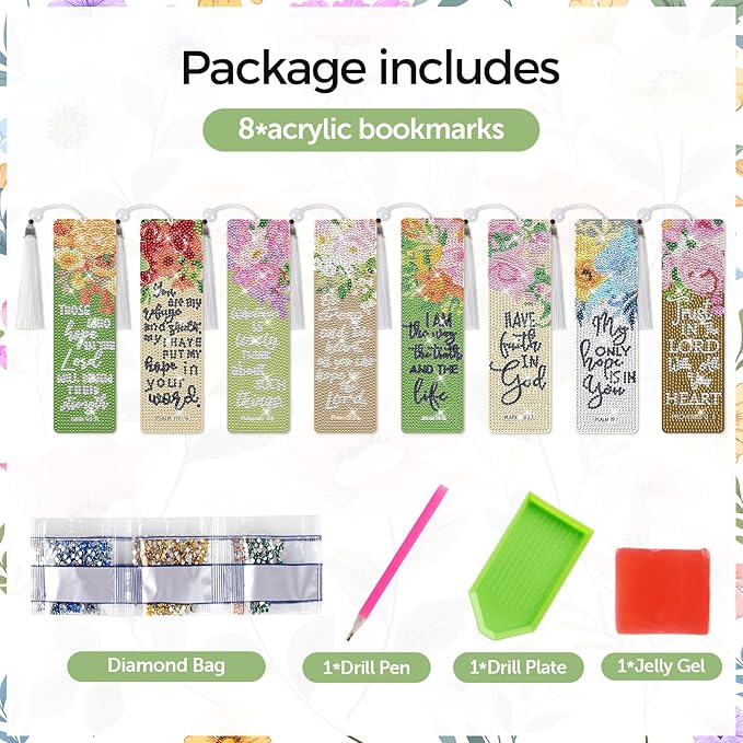 8 Pieces Christian Bible Verse Diamond Art Bookmarks 5d Christian Beaded Bookmark Acrylic Tassel Bookmark for DIY Making Beginners Kids Adults Arts Craft Supplies (Floral Christian)