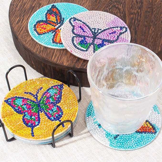Butterfly Diamond Art Coasters Kit for Adults, 8PCS DIY Diamond Painting Craft Set with Holder, Gem Art Mosaic Coasters, Diamond Dotz Kit, Arts and Crafts Gift for Women & Teens