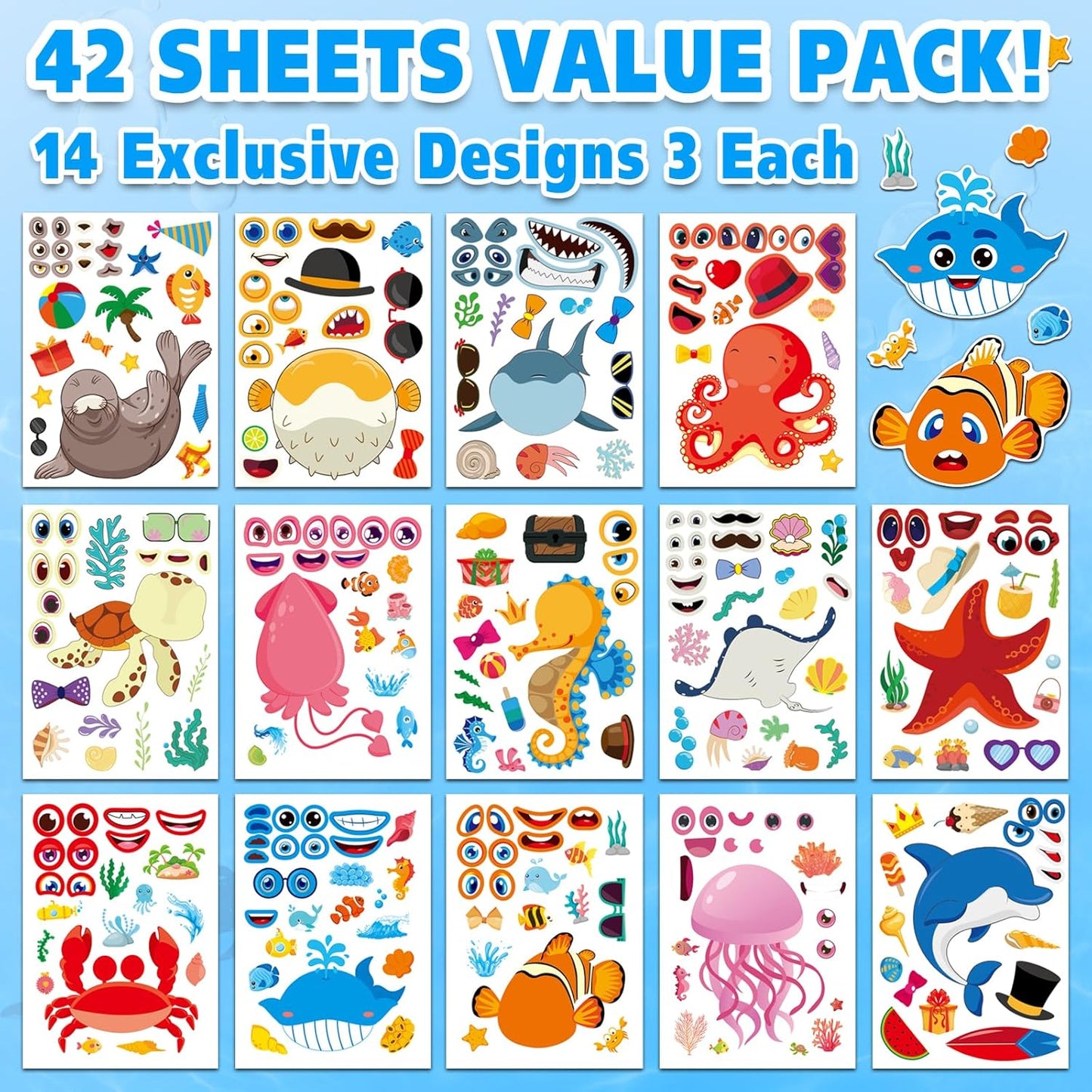 Aowplc 42 Pcs Ocean Animals Make-a-Face Sticker Sheets for Kids - 14 Sea Creature Designs for Party Favors, Classroom Activities, Arts & Crafts