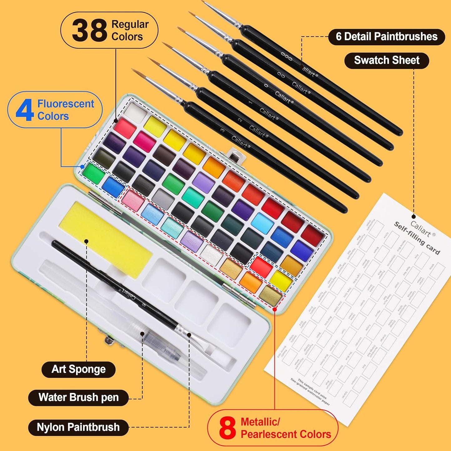 Caliart Watercolor Paint Set, 50 Colors Portable Travel Water Color Palette Kit with Detail Painting Brush, Art Supplies Christmas Gifts for Artists Adults Painters Beginners