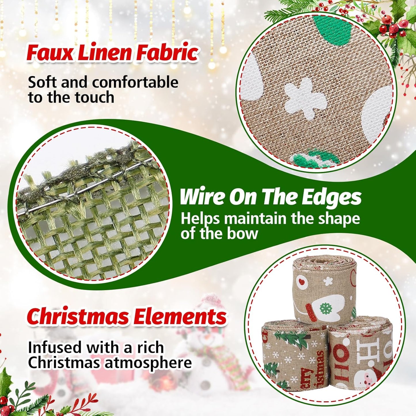 5 Colors Wreaths Burlap Ribbon- Total 27.3yards Christmas Xmas Wired Edge Ribbon for Gift Wrapping Bows Rustic Crafts Supplies Weddings Holiday Decorations - 2.4in Wide