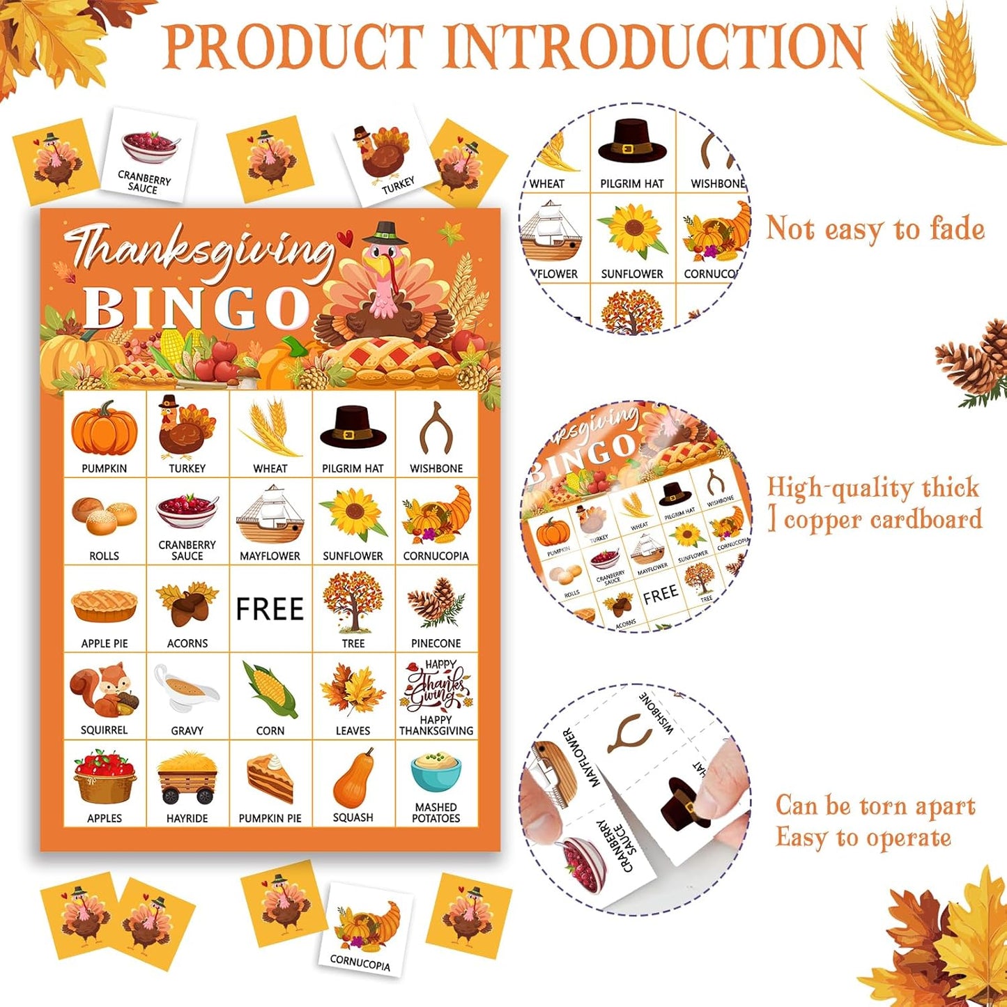 Thanksgiving Bingo Game Cards, Autumn Party Games, 24 Players Thanksgiving Bingo Games for Teens Adults, Thanksgivings Game Supplies for Family Classroom