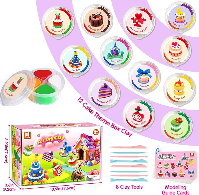 Air Dry Clay for Kids, 12 Boxes Modeling Clay Kit, DIY Molding Clay with Sculpting Tools and Tutorial, Ultra Light, Safe & Non-Toxic, Arts and Crafts Toys Birthday Christmas Gifts for Boys Girls