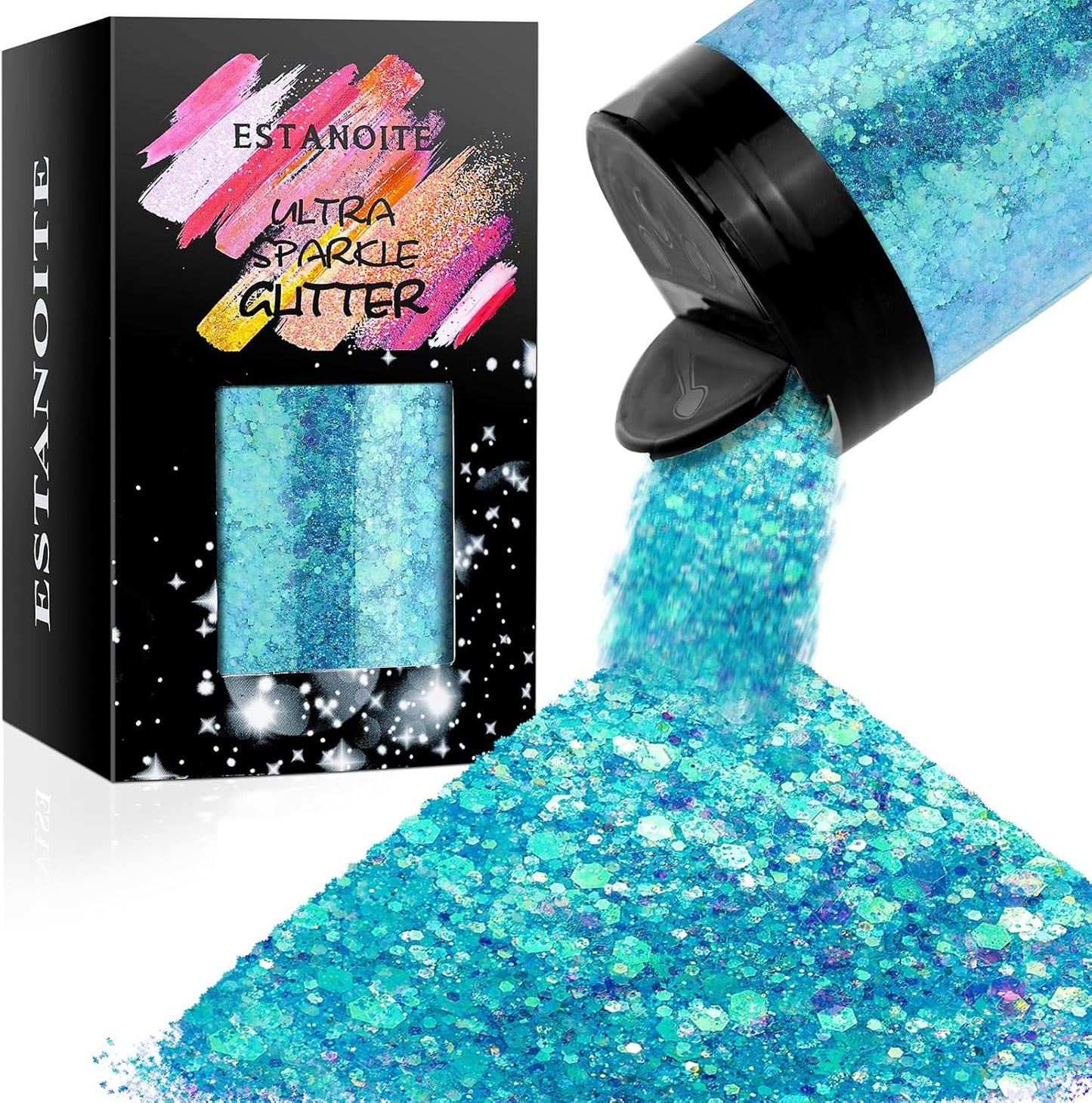 Estanoite Iridescent Chunky Glitter, 160G/5.64OZ Glitter, Mixed Fine & Chunky Glitter for Epoxy Resin, Holographic Glitter for Crafts Tumblers, Halloween Christmas Festival Painting Decor (Baby Blue)
