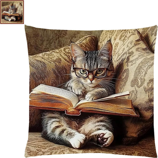 Stamped Cross Stitch Kits for Adults Beginners Pillow Needlepoint Kit with Embroidery Pattern Needlework Kit Prestamped Stitches Kit 11CT Cross Stitching-Cat Reading 18x18 inch