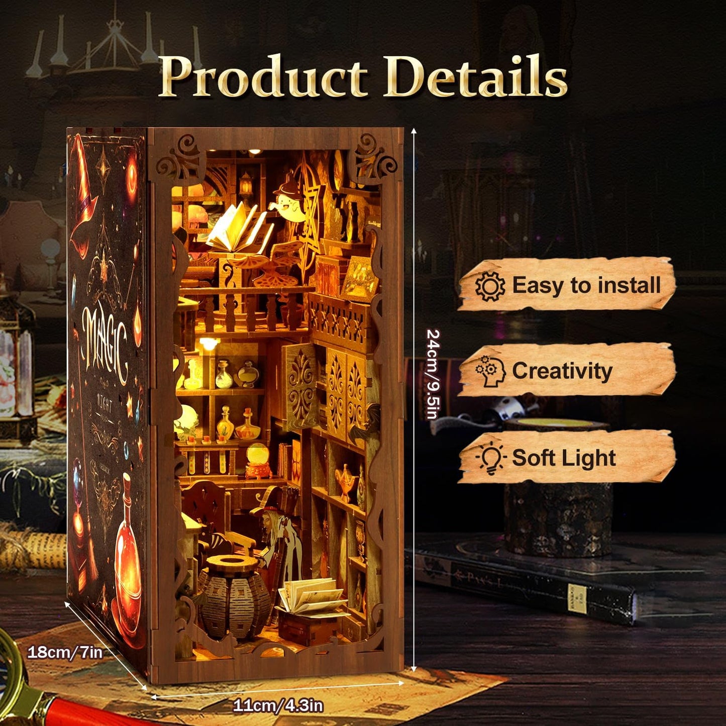 Book Nook Kit for Adult - THRIVINGIVAN Miniature Model Build Dollhouse Kit 3D Wooden Puzzle with Sensor Led Light for Bookshelf Bookend Insert Decor Adults Teen Crafts(Magic Bookstore)