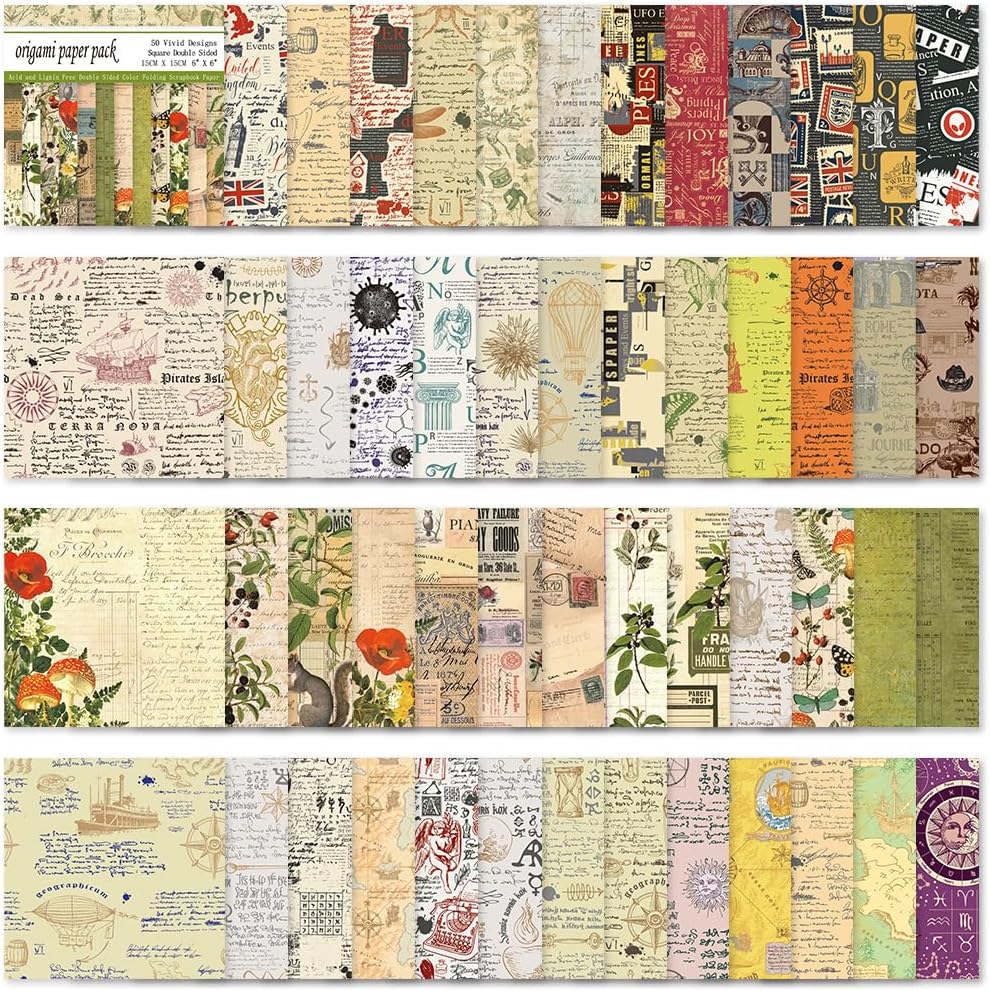 Square Origami Paper 6x6 Double Sided 50 Sheets 50 Colors 70GSM Origami Kit Japanese Chiyo Easy Fold Arts Crafts DIY Handwork Beginner Retro Newspapers