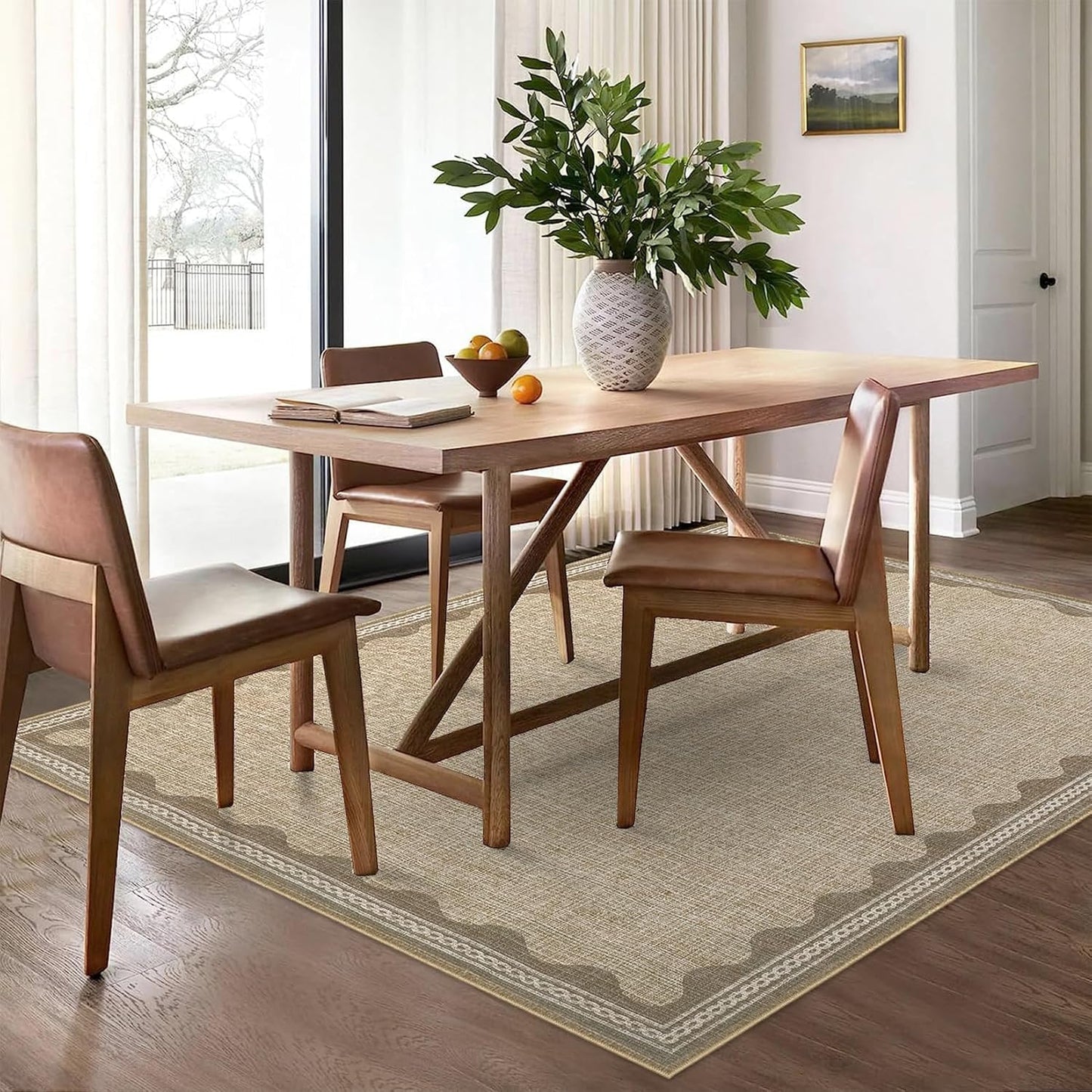 Scalloped Washable Rug 10x13 Area Rugs for Living Room, Solid Tan Rug for Bedroom Girls, Non Slip Throw Carpet with Rubber Back, Soft Dorm Nursery 10x13 Scalloped Rugs for Dining Room