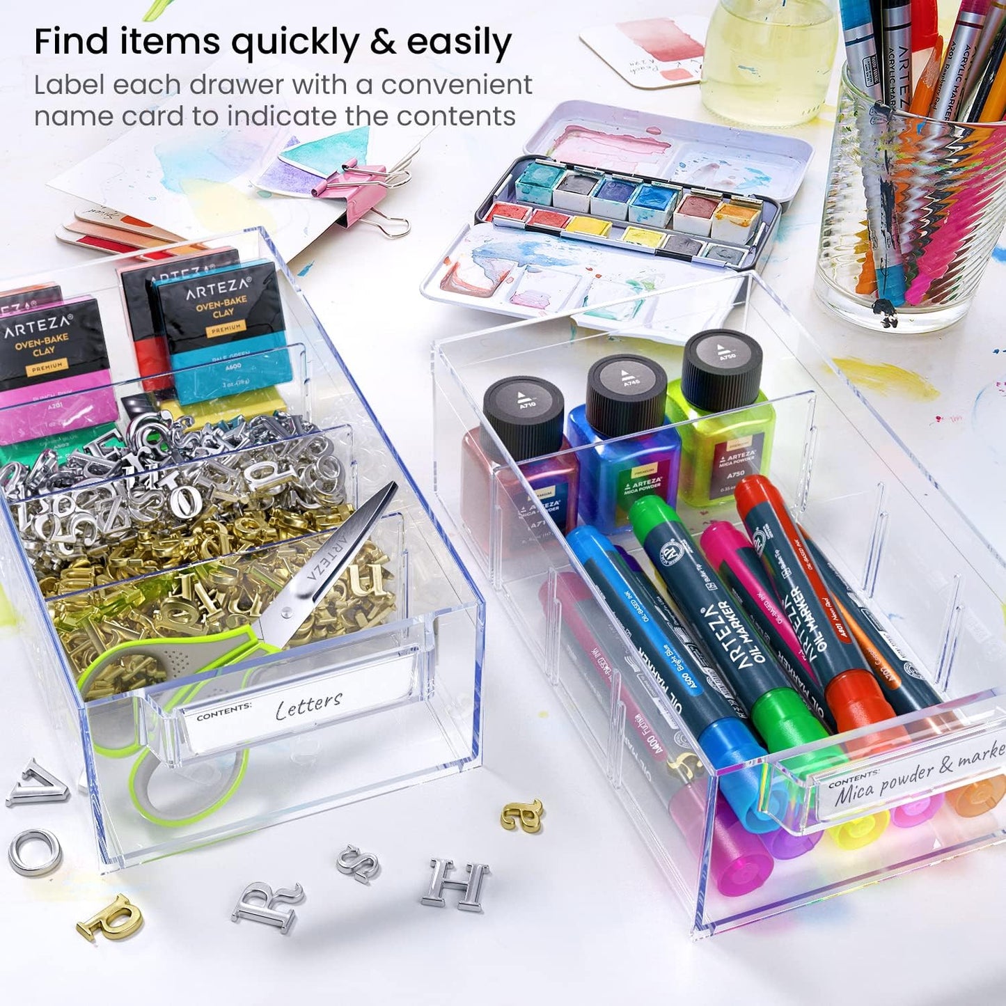 Arteza 12 Drawer Organizer and Storage Cabinet – Clear Plastic, Stackable Drawers for Makeup, Crafts, Sewing, Office Supplies, Small Parts & Tools