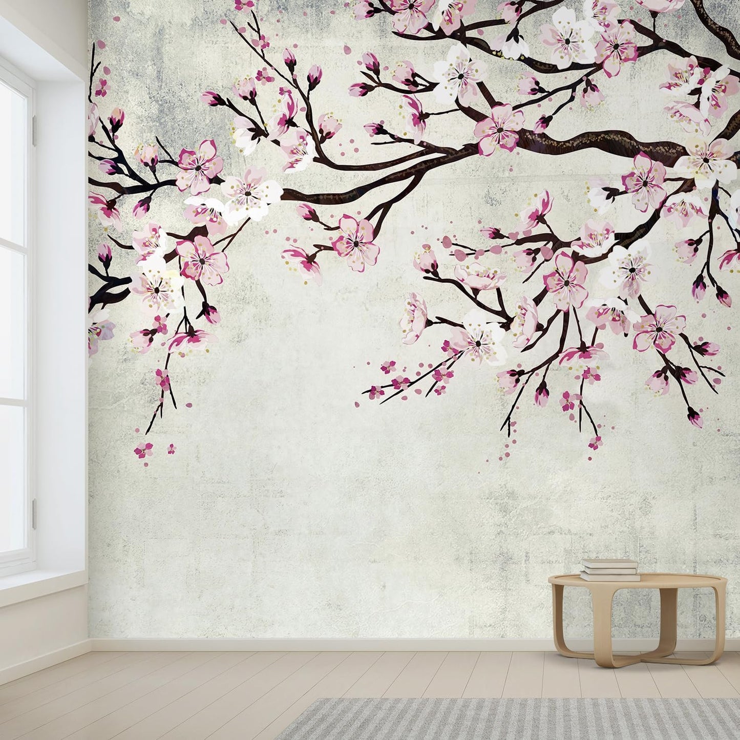 wall26 Large Wall Mural Watercolor Style Ink Painting Pink Cherry Blossom on Vintage Wall Background | Self-Adhesive Vinyl Wallpaper/Removable Modern Wall Decor - 108x120 inches