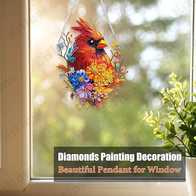 Eiflow Acrylic Diamond Art Hanging Kit for Adults Cardinal Bird, DIY Diamonds Painting Door Hanger Board Kit, Special Crystal Diamond Art Painting Pendant Ornament