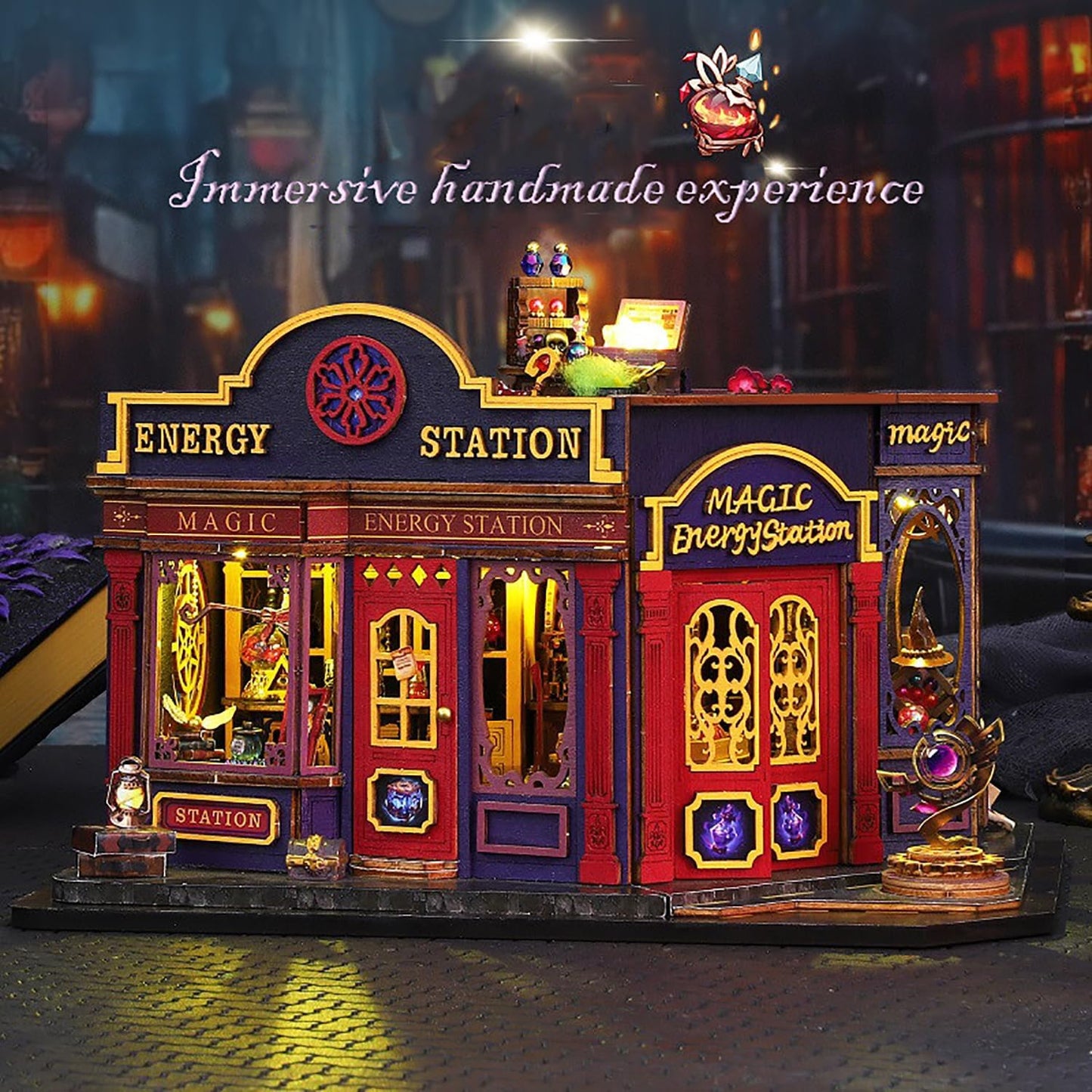 DIY Book Nook Kit - DIY Miniature Dolls House Kit with Furniture and LED Light, 3D Puzzle Wooden Art Bookends, Model Kits for Adults to Build (Magic Energy Station)