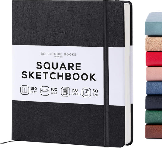 Beechmore Books Square Sketchbook – 8x8 Premium Vegan Leather Bound Large Sketch Book Hardcover with 156 Thick 160gsm Perforated Ivory Pages, Blank Sketch Pad, Gift Boxed Back Pocket, Ribbon Bookmark