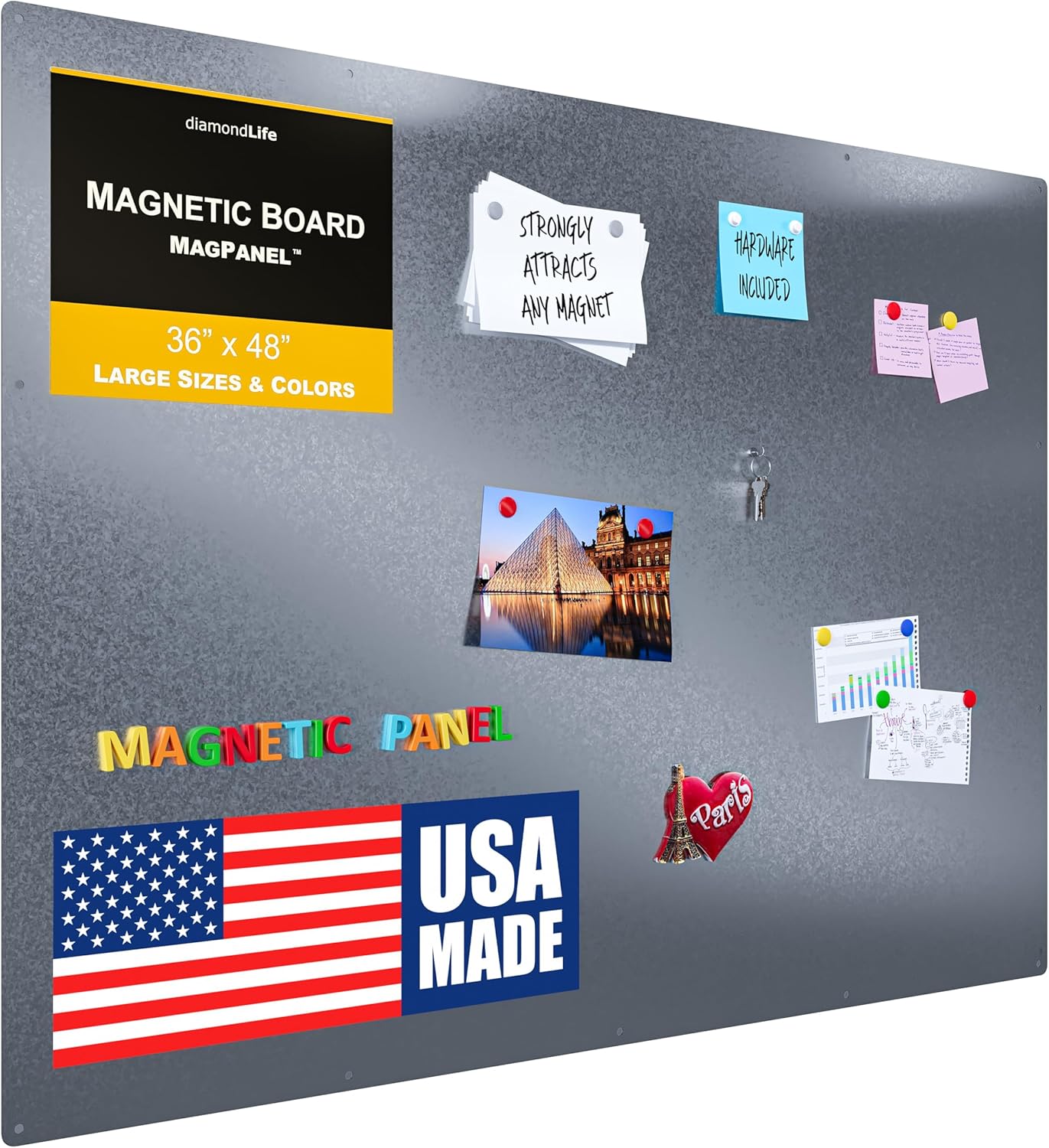 Diamond Life Magnetic Board - Memo & Vision Board for Home, Office, and Classroom - Magnet Board for Kids - Pre-drilled Mounting Screws Included (Silver 36"x48")